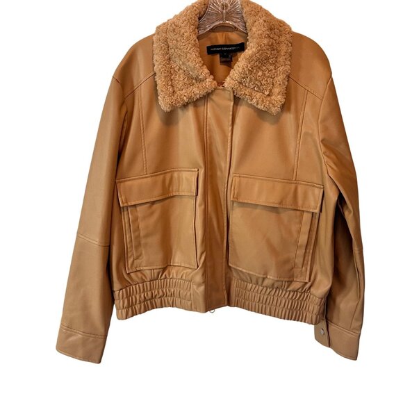 French Connection Size XL Vegan Leather Zipper Waistline  Jacket Sherpa Collar - Picture 11 of 12